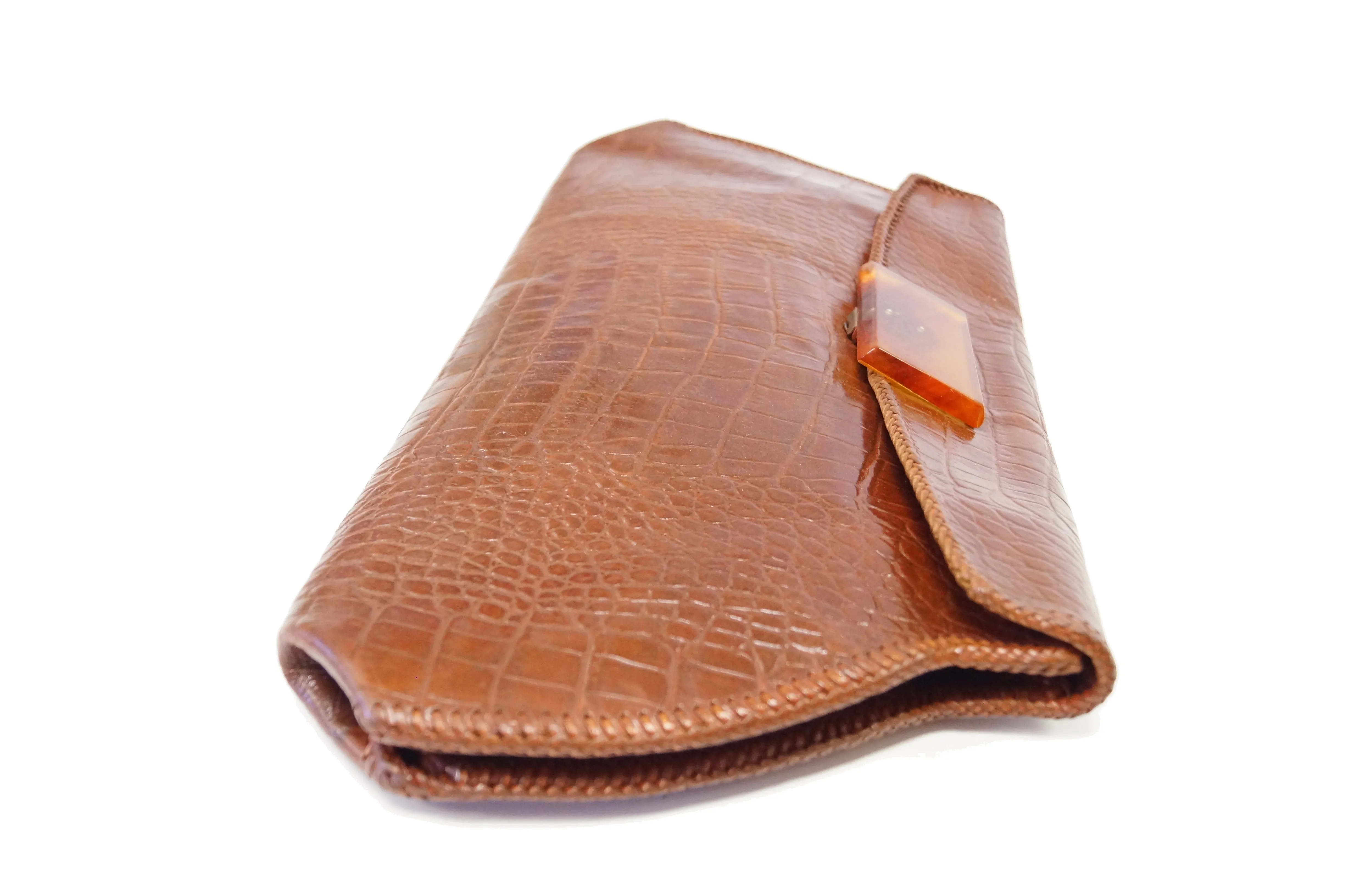 1950s Embossed Alligator Clutch with Lucite Clasp