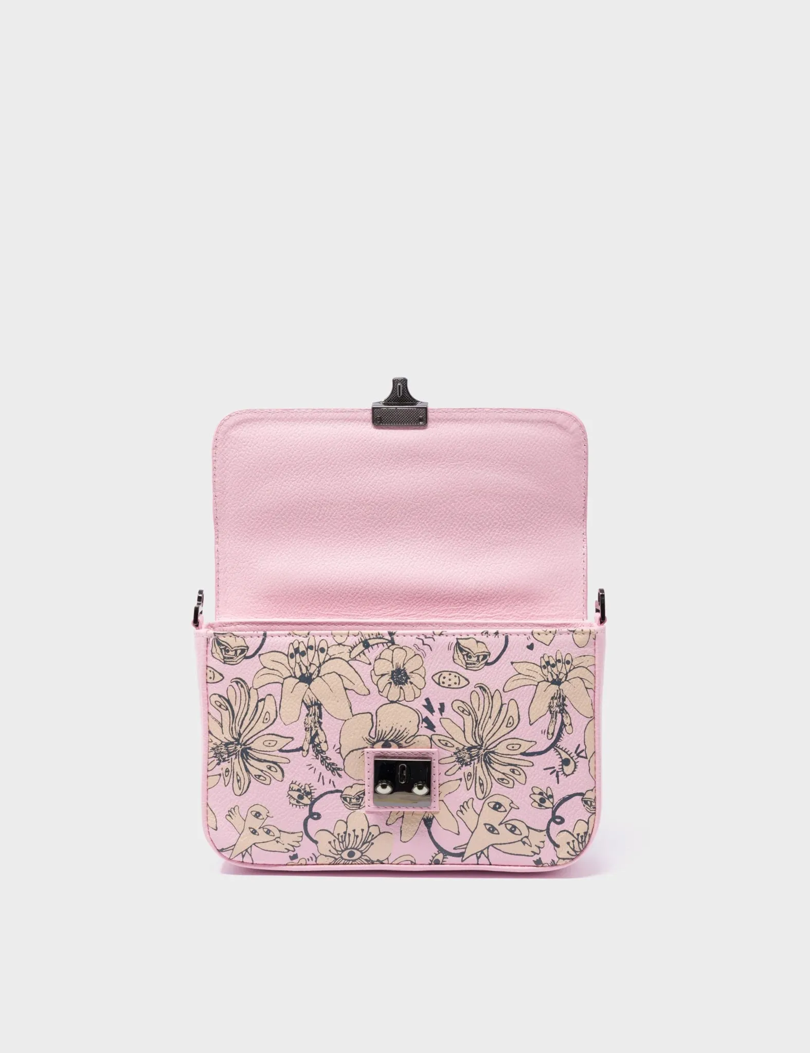 Amantis Parfait Pink Leather Crossbody Mini Handbag - Flowers Design