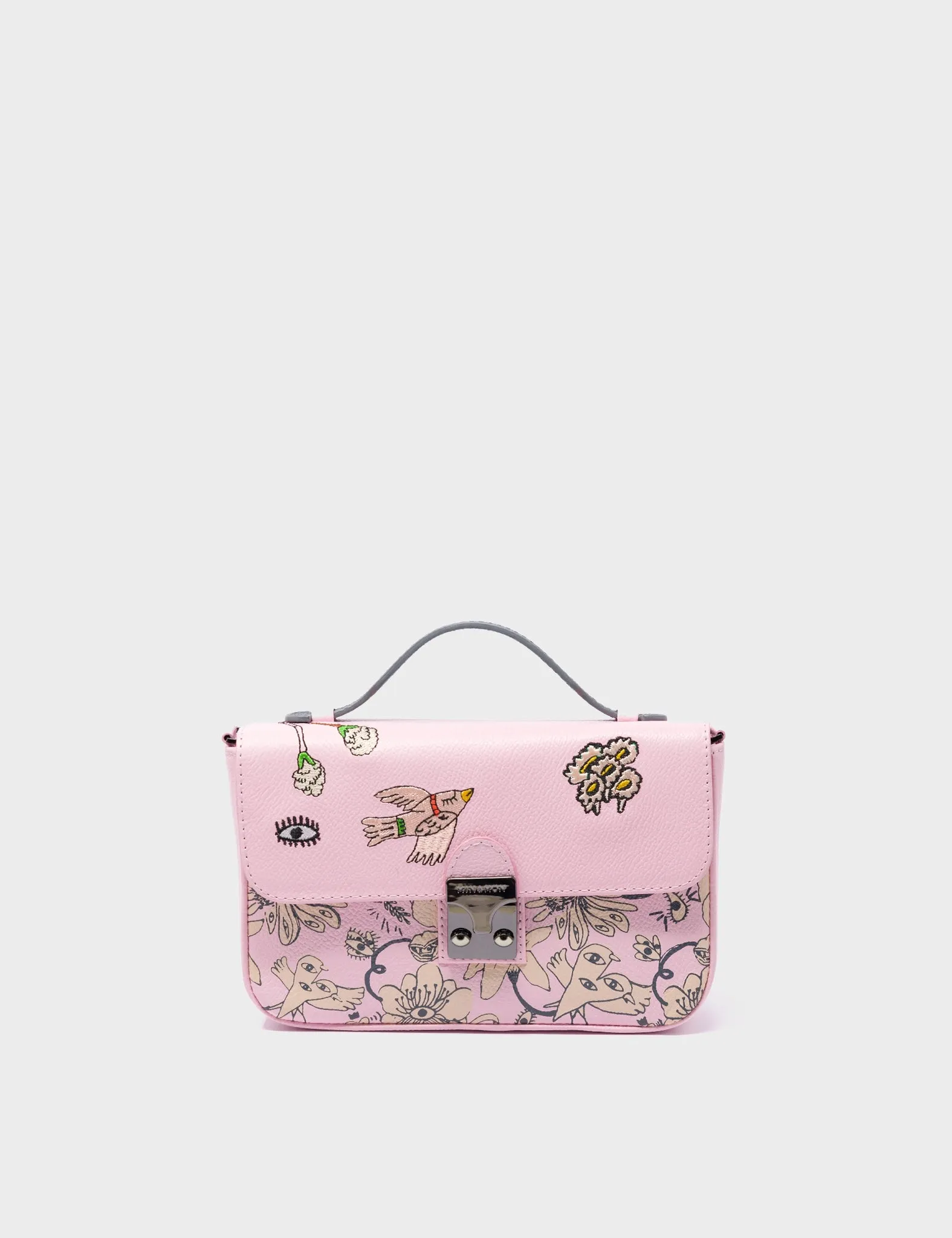 Amantis Parfait Pink Leather Crossbody Mini Handbag - Flowers Design
