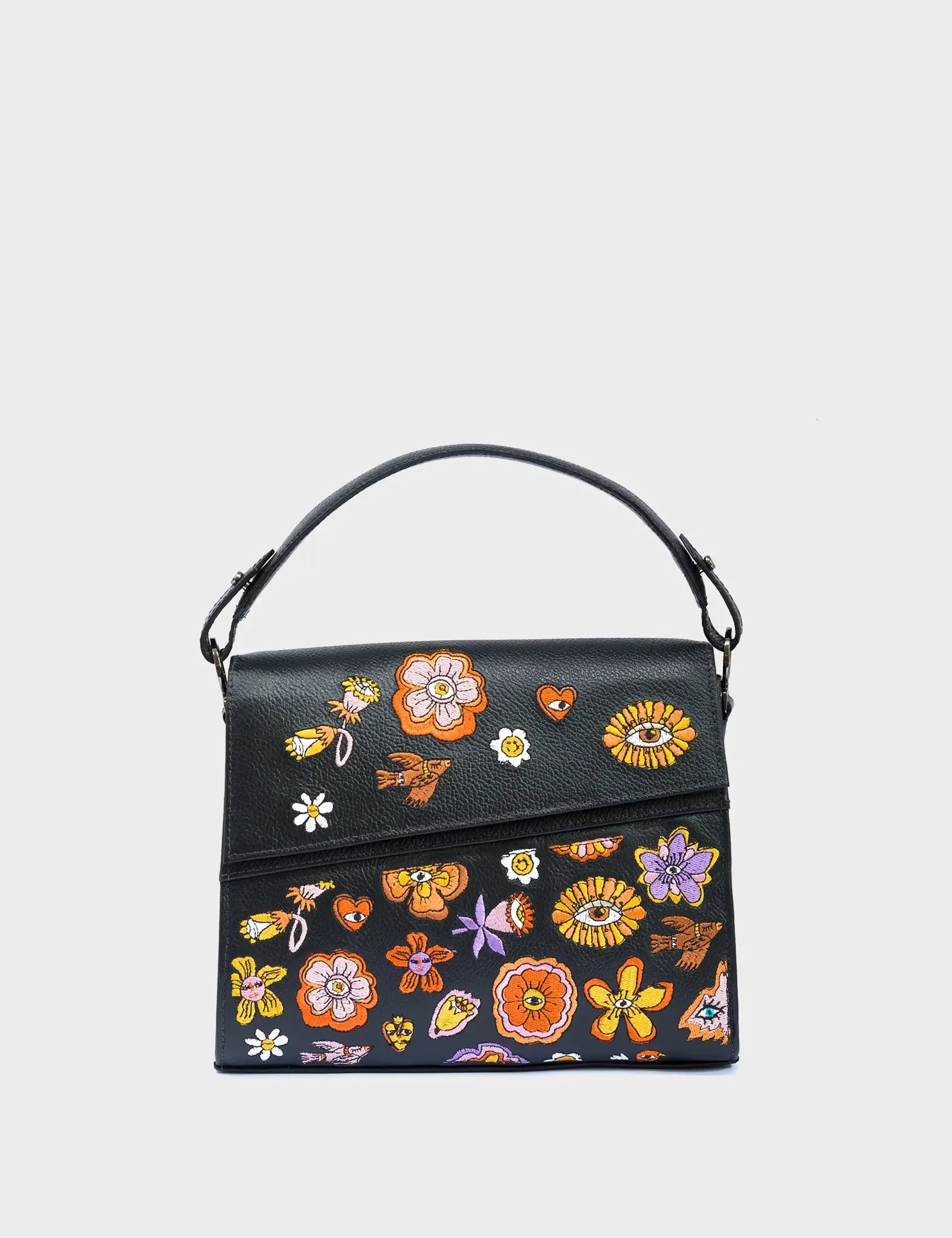 Anastasio Mini Crossbody Handbag Black Leather - Vintage Bloom Embroidery