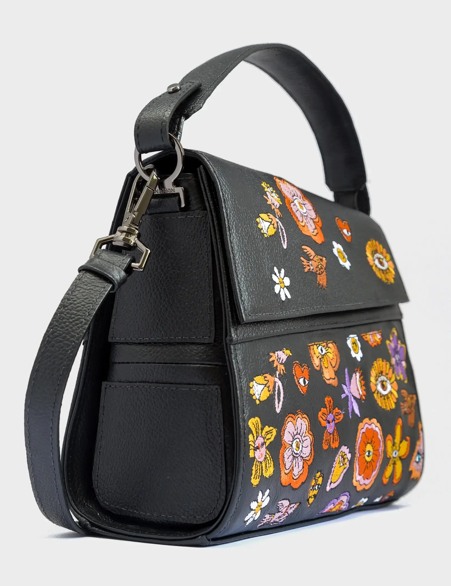 Anastasio Mini Crossbody Handbag Black Leather - Vintage Bloom Embroidery