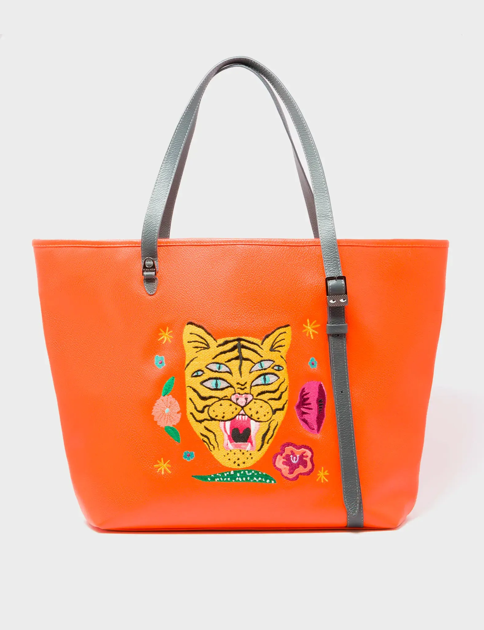 Bruno Vermillion Leather Tote Bag - Tiger and Flowers Embroidery