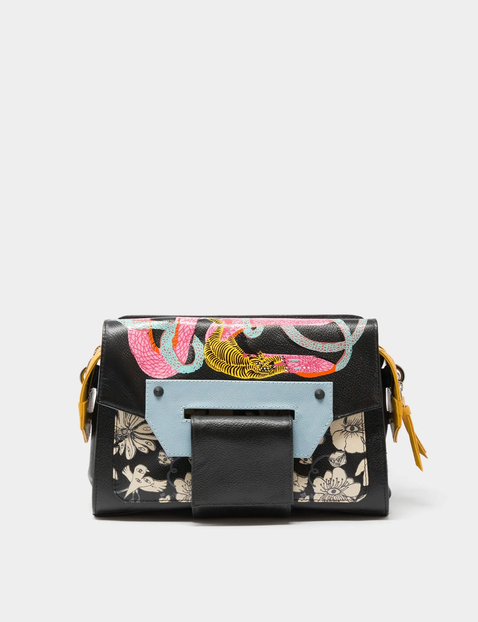 Cael Reversible Black and Omphalodes Blue Shoulder Bag - Tangle Tales Black Design