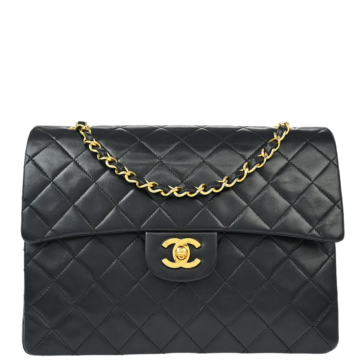 Chanel 1989-1991 Black Lambskin Medium Classic Double Flap Shoulder Bag
