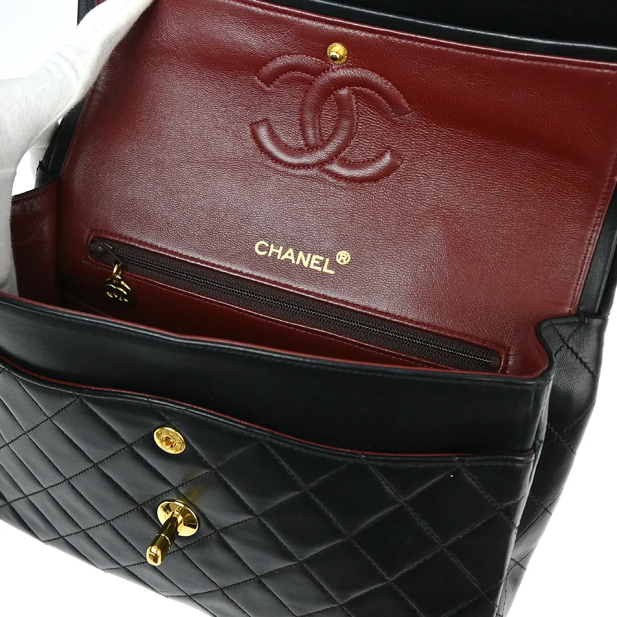 Chanel 1989-1991 Black Lambskin Medium Classic Double Flap Shoulder Bag