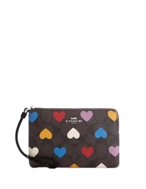 Coach Corner Zip Wristlet In Signature Canvas With Heart Print