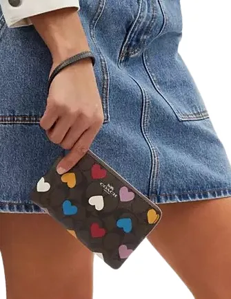 Coach Corner Zip Wristlet In Signature Canvas With Heart Print