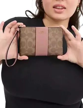 Coach Corner Zip Wristlet In Signature Canvas With Stripe