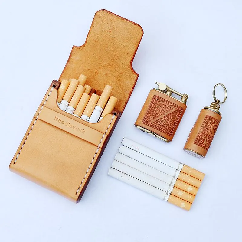 Cool Wooden Beige Leather Mens 20pcs Cigarette Case Custom Cigarette Holder for Men