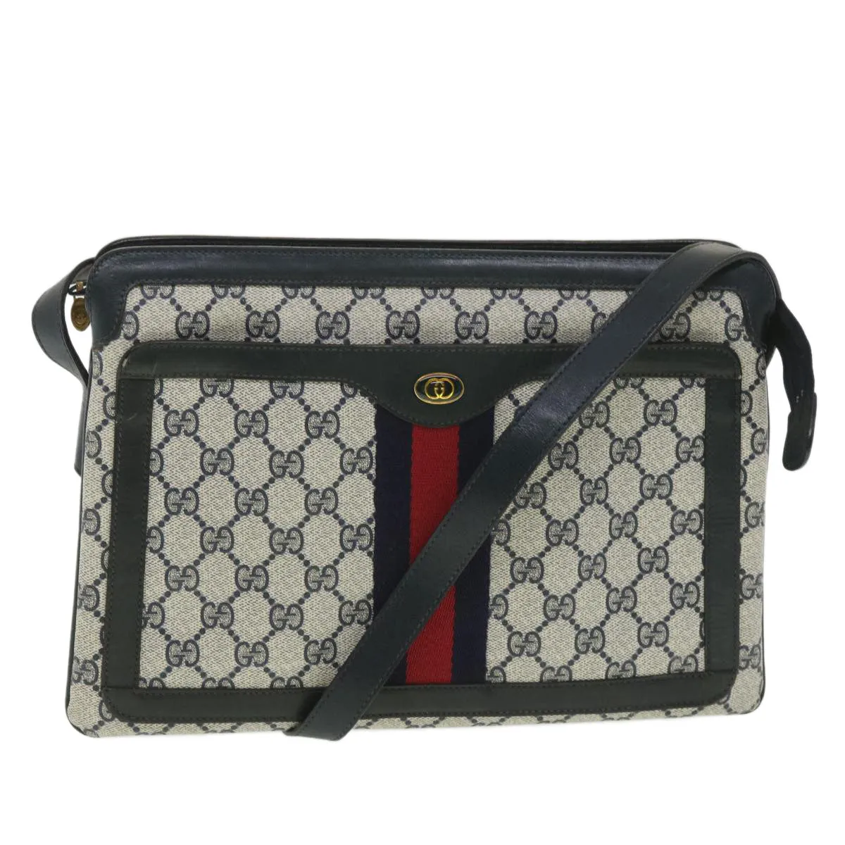 Gucci GG Canvas Sherry Line Shoulder Bag PVC Leather Gray Red Navy  yk6173B
