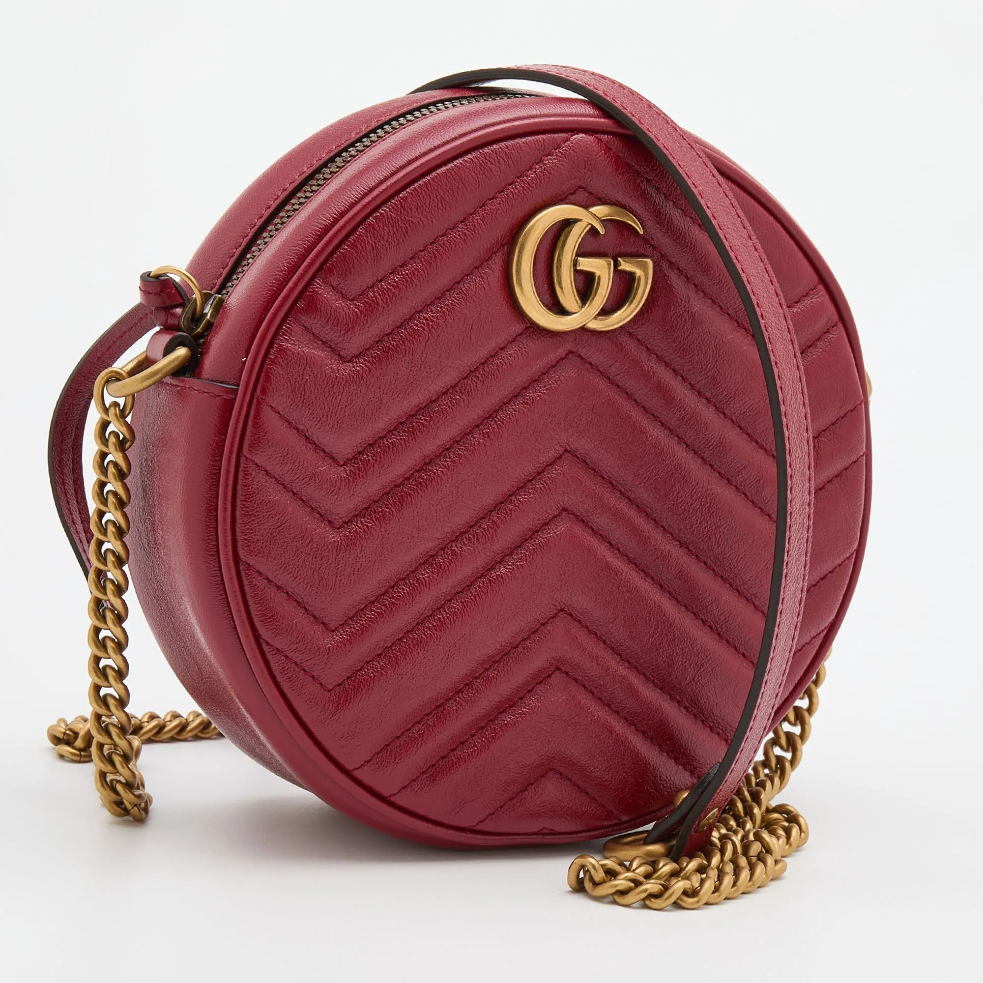 Gucci Red Matelasse Leather Mini GG Marmont Round Shoulder Bag