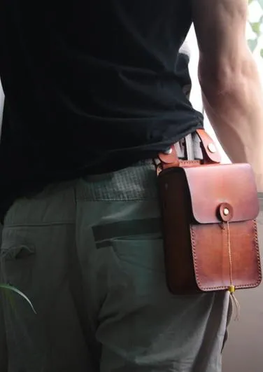 Handmade Leather Belt Pouch Mens Brown Waist Bag CIGARETTE Pouch for Men