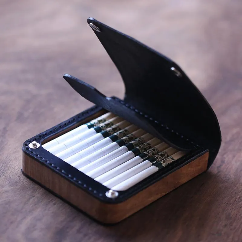 Handmade Wooden Coffee Leather Mens 10pcs Cigarette Case Cool Custom Cigarette Holder for Men