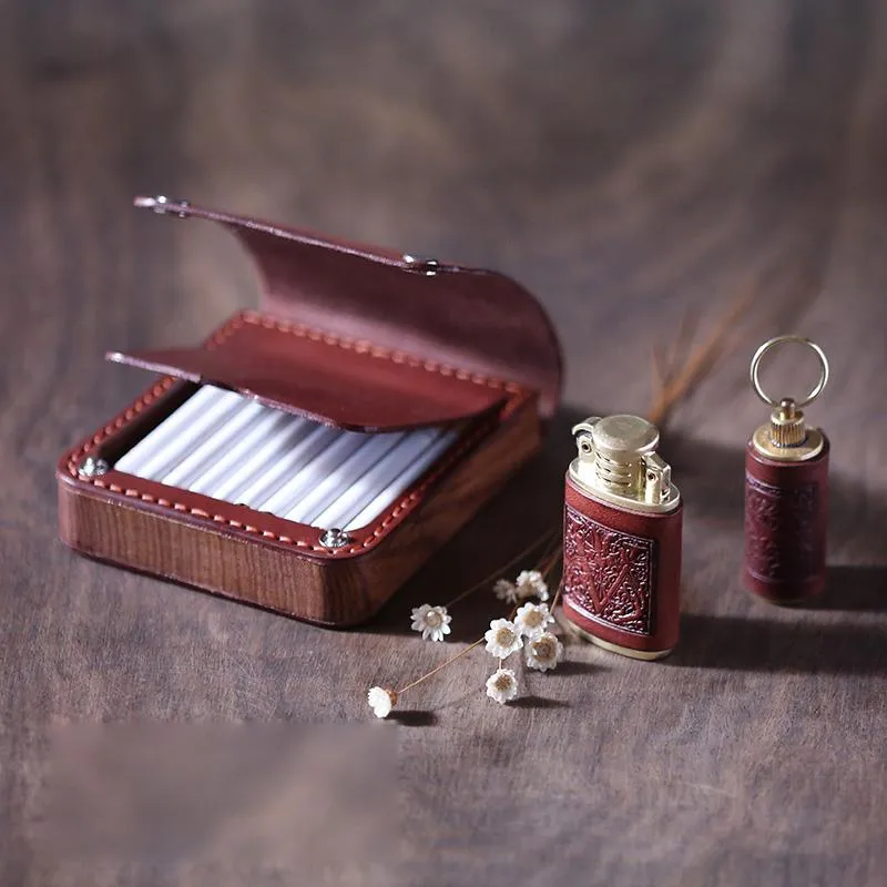 Handmade Wooden Coffee Leather Mens 10pcs Cigarette Case Cool Custom Cigarette Holder for Men
