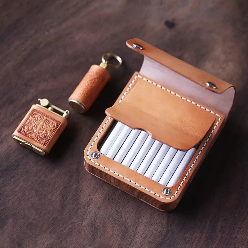Handmade Wooden Coffee Leather Mens 10pcs Cigarette Case Cool Custom Cigarette Holder for Men