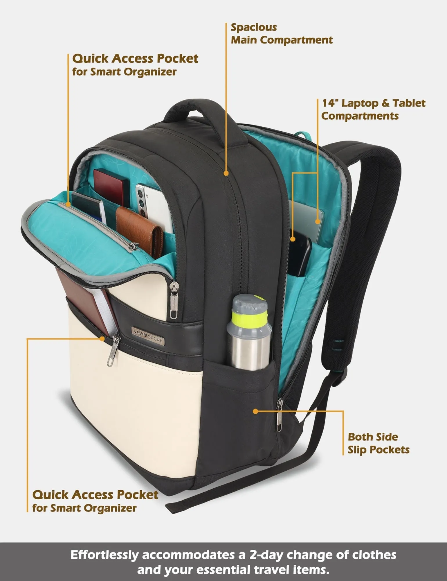 Lavie Sport Armour 24L Laptop Backpack with Trolley sleeve For Men & Women Black/Navy