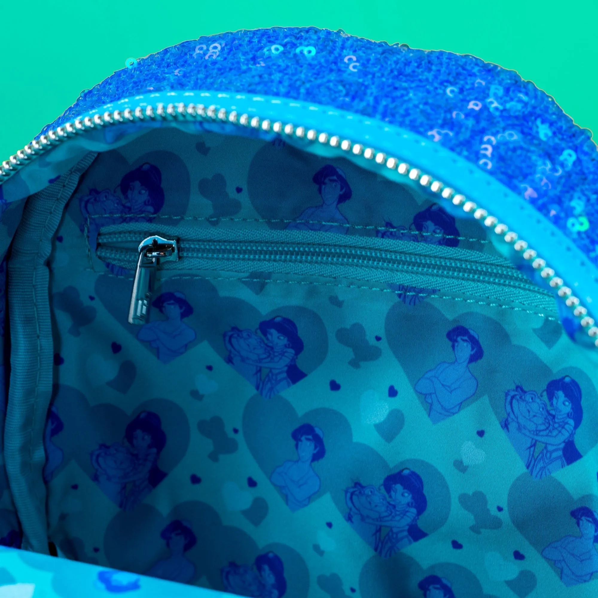 Loungefly x Disney Aladdin, Jasmine and Rajah Blue Sequin Mini Backpack