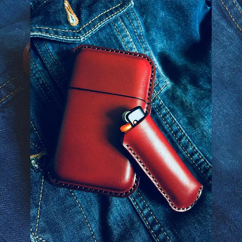Red Leather Mens Cigarette Holder Case Vintage Custom Cigarette Case for Men