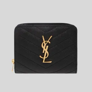 SAINT LAURENT YSL Cassandre Matelasse Compact Zip Around Wallet In Grain De Poudre Embossed Leather Black 668288BOW01