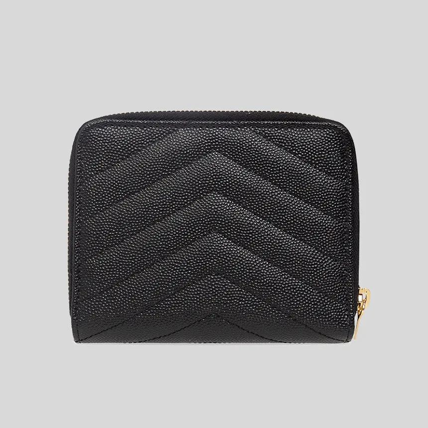 SAINT LAURENT YSL Cassandre Matelasse Compact Zip Around Wallet In Grain De Poudre Embossed Leather Black 668288BOW01
