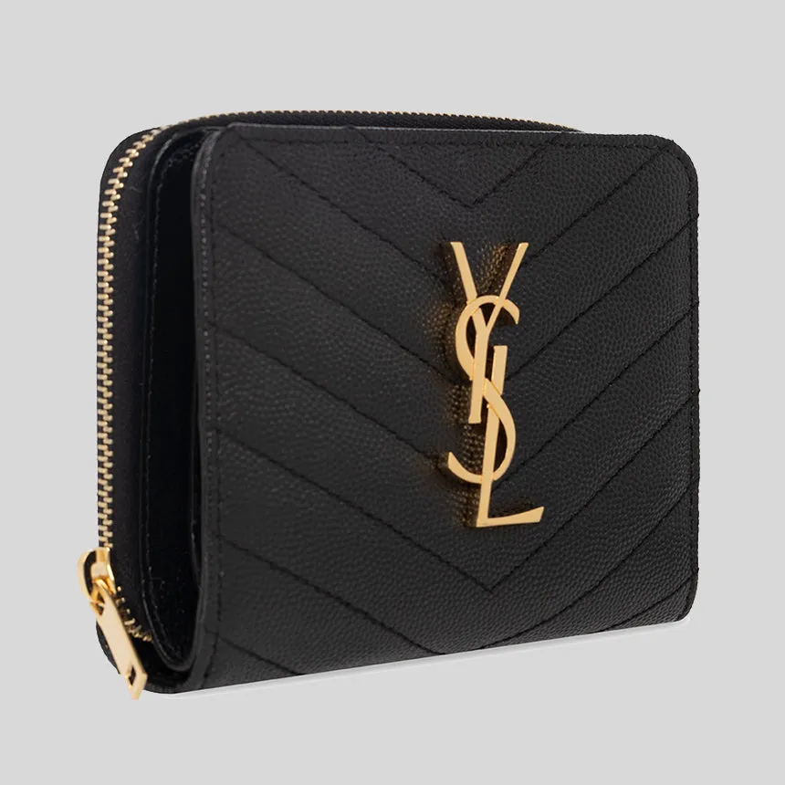 SAINT LAURENT YSL Cassandre Matelasse Compact Zip Around Wallet In Grain De Poudre Embossed Leather Black 668288BOW01