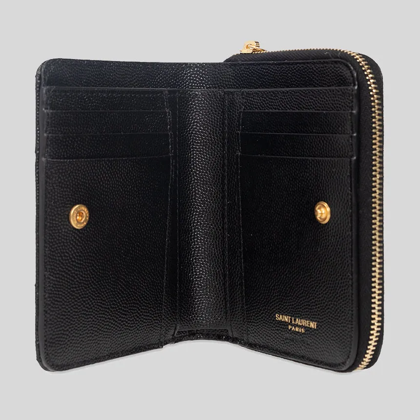 SAINT LAURENT YSL Cassandre Matelasse Compact Zip Around Wallet In Grain De Poudre Embossed Leather Black 668288BOW01
