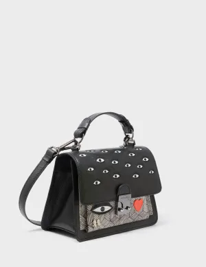 Silas Black Small Leather Crossbody Bag - All Over Eyes Embroidery