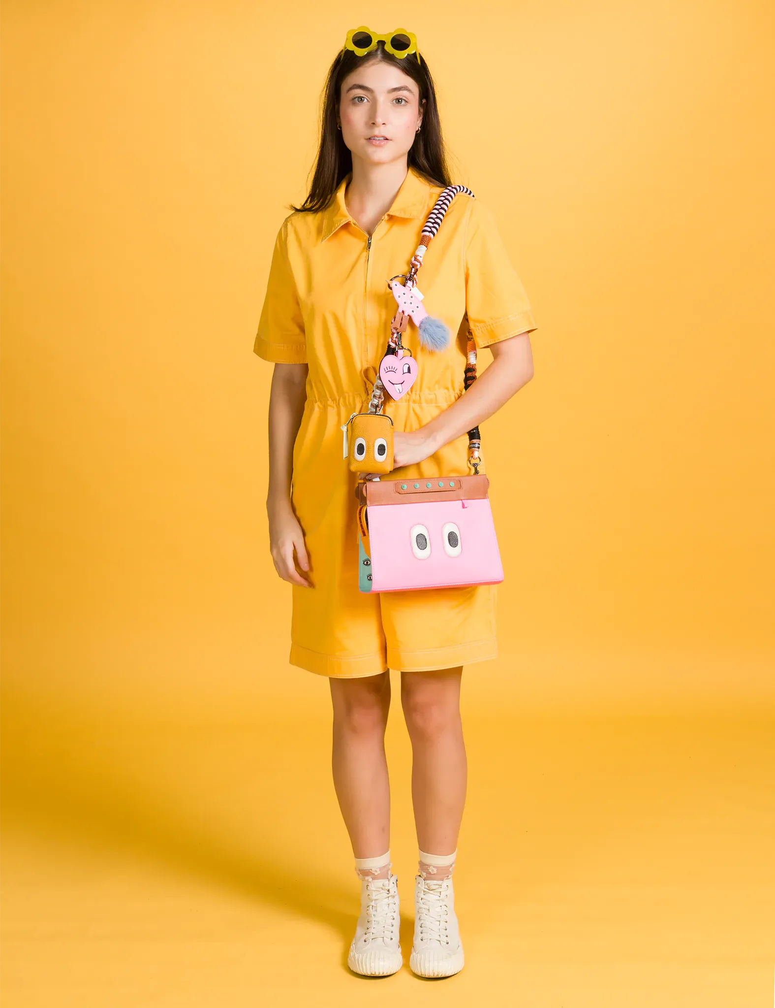 Vali Crossbody Small Caramel and Taffy Pink Leather Bag - All Over Eyes Embroidery